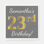 [ Thumbnail: Gray, Faux Gold 23rd Birthday + Custom Name Napkins ]