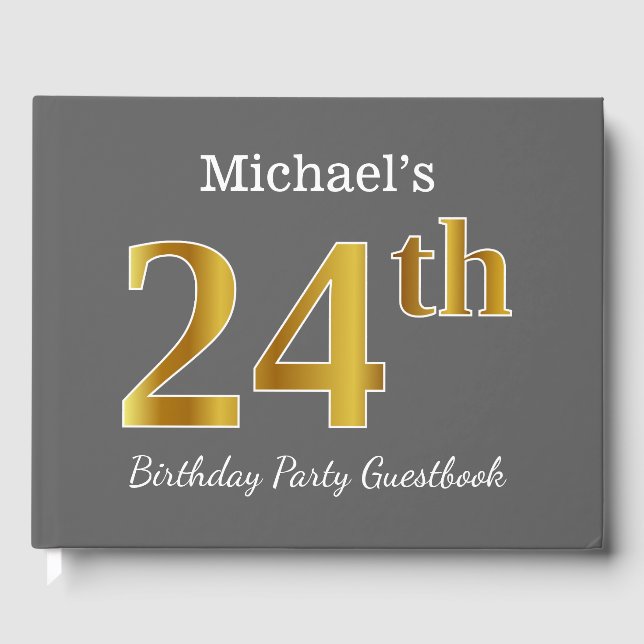 Gray, Faux Gold 24th Birthday Party + Custom Name Guest Book (Front)