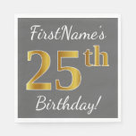 [ Thumbnail: Gray, Faux Gold 25th Birthday + Custom Name Napkins ]