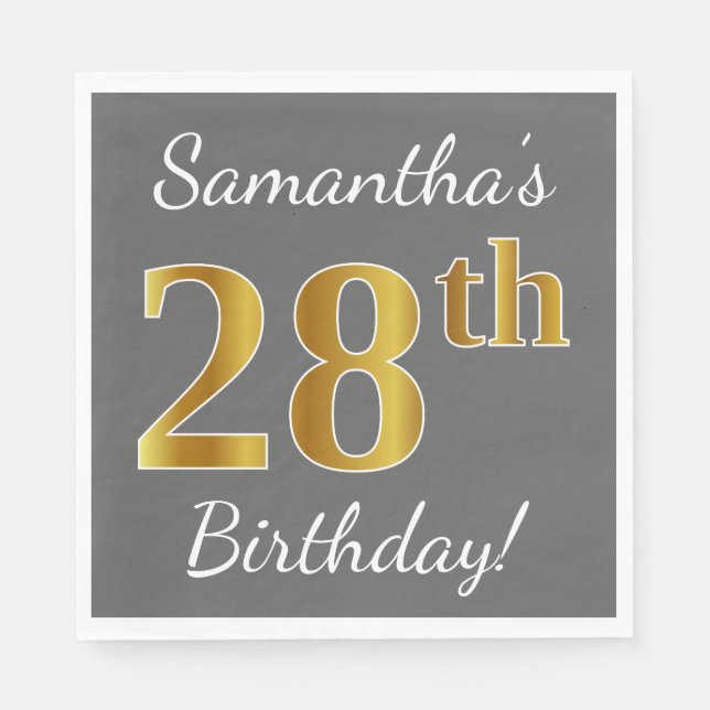 Gray, Faux Gold 28th Birthday + Custom Name Napkins (Front)