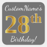 [ Thumbnail: Gray, Faux Gold 28th Birthday + Custom Name Sticker ]