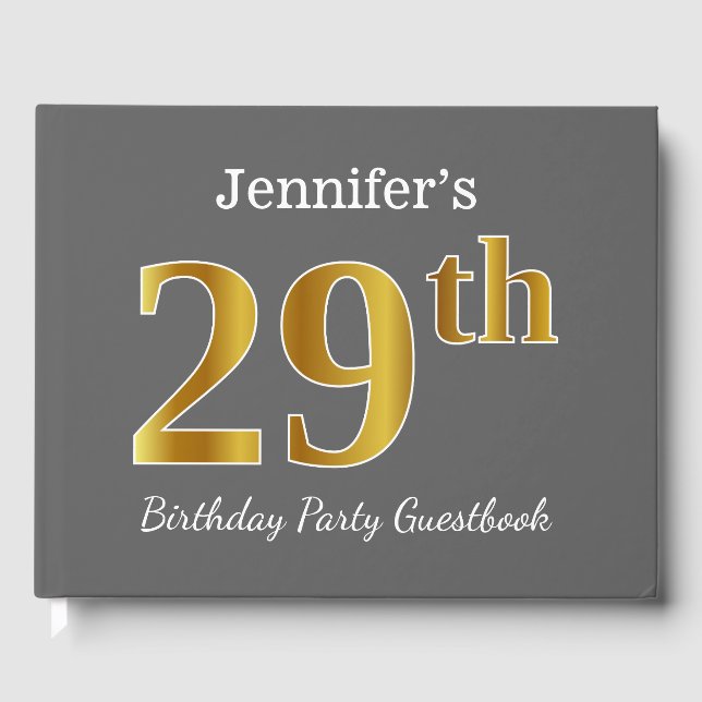 Gray, Faux Gold 29th Birthday Party + Custom Name Guest Book (Front)