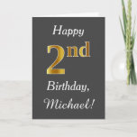 [ Thumbnail: Gray, Faux Gold 2nd Birthday + Custom Name Card ]