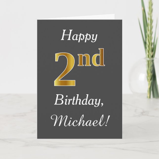 Gray, Faux Gold 2nd Birthday + Custom Name Card (Front)