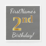 [ Thumbnail: Gray, Faux Gold 2nd Birthday + Custom Name Paper Napkin ]