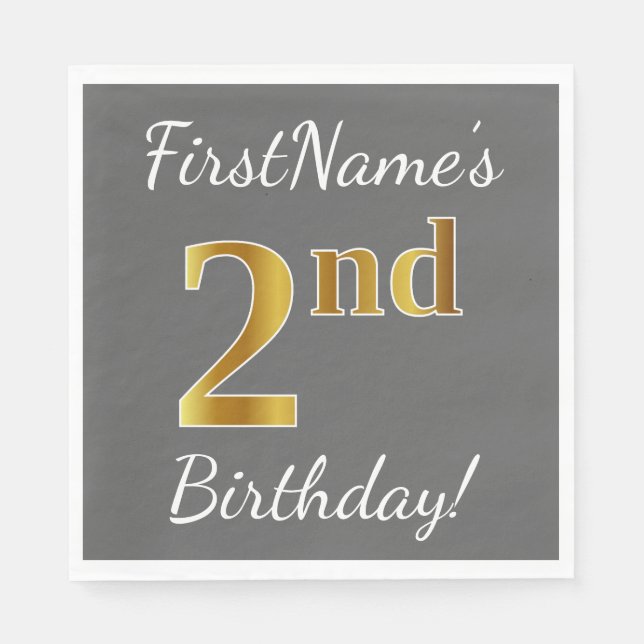 Gray, Faux Gold 2nd Birthday + Custom Name Paper Napkins (Front)