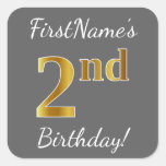 [ Thumbnail: Gray, Faux Gold 2nd Birthday + Custom Name Sticker ]