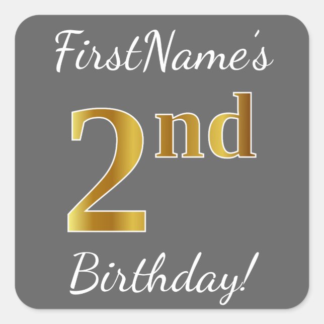 Gray, Faux Gold 2nd Birthday + Custom Name Sticker (Front)