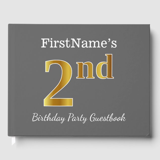 Gray, Faux Gold 2nd Birthday Party + Custom Name Guest Book (Front)