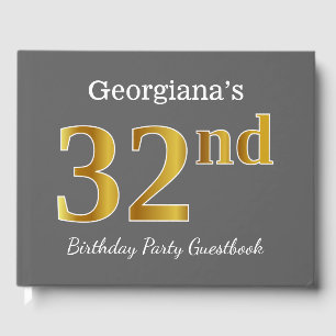 Gray, Faux Gold 32nd Birthday Party + Custom Name Guest Book