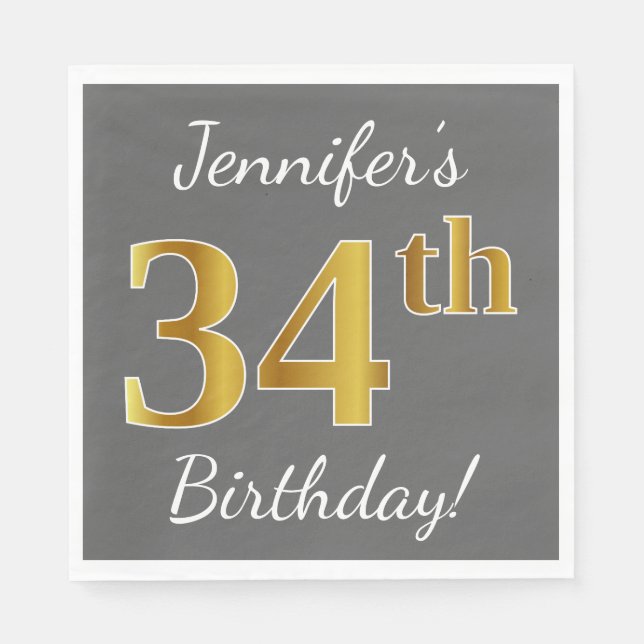 Gray, Faux Gold 34th Birthday + Custom Name Napkins (Front)