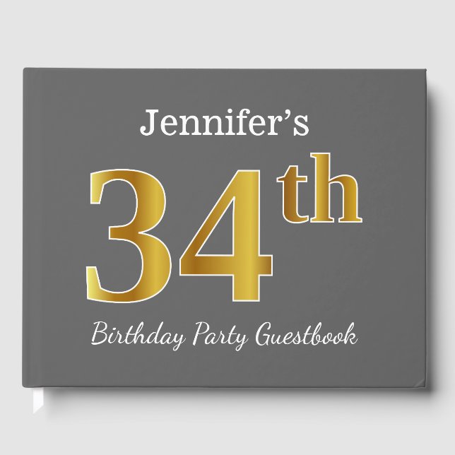 Gray, Faux Gold 34th Birthday Party + Custom Name Guest Book (Front)