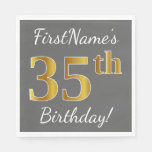 [ Thumbnail: Gray, Faux Gold 35th Birthday + Custom Name Napkins ]