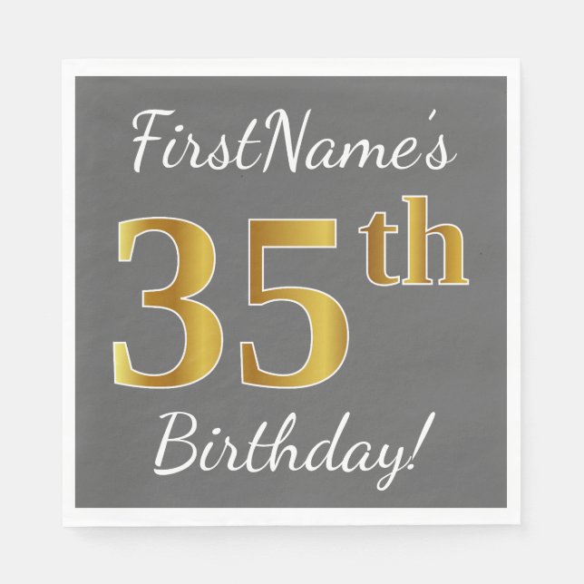 Gray, Faux Gold 35th Birthday + Custom Name Paper Napkins (Front)