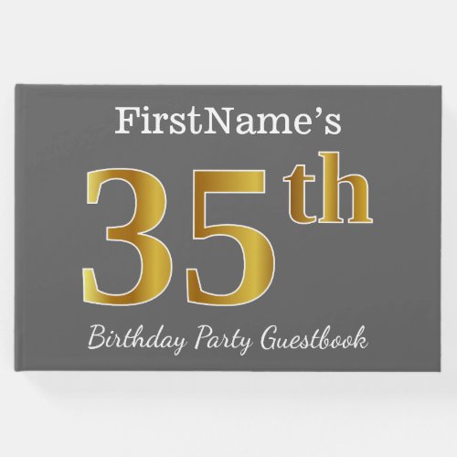 Gray Faux Gold 35th Birthday Party  Custom Name Guest Book