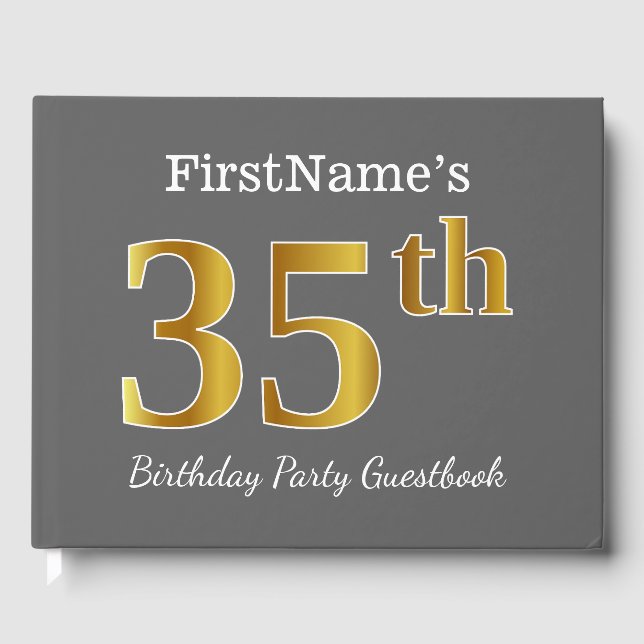 Gray, Faux Gold 35th Birthday Party + Custom Name Guest Book (Front)