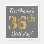 [ Thumbnail: Gray, Faux Gold 36th Birthday + Custom Name Napkins ]