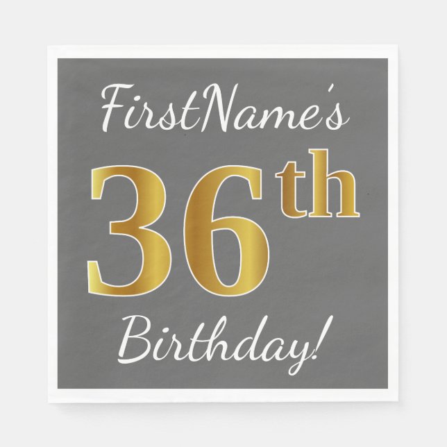 Gray, Faux Gold 36th Birthday + Custom Name Napkins (Front)