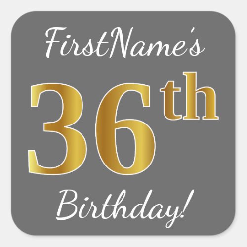 Gray Faux Gold 36th Birthday  Custom Name Square Sticker