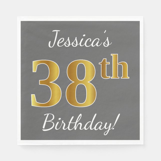 Gray, Faux Gold 38th Birthday + Custom Name Napkins (Front)
