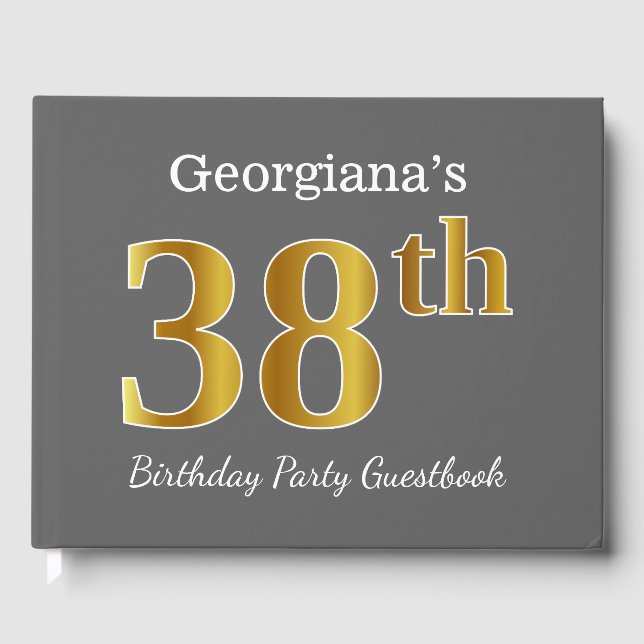Gray, Faux Gold 38th Birthday Party + Custom Name Guest Book (Front)