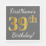[ Thumbnail: Gray, Faux Gold 39th Birthday + Custom Name Napkin ]