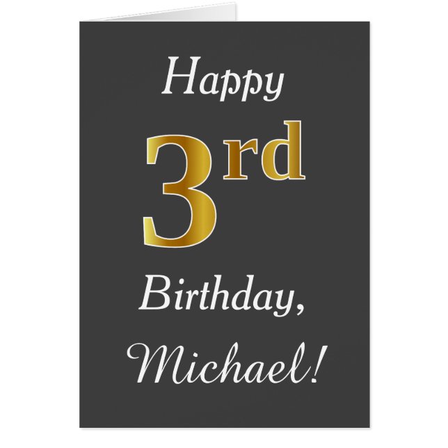 Gray, Faux Gold 3rd Birthday + Custom Name Cards (Front)