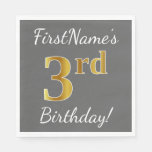 [ Thumbnail: Gray, Faux Gold 3rd Birthday + Custom Name Paper Napkin ]