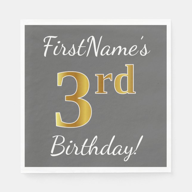Gray, Faux Gold 3rd Birthday + Custom Name Paper Napkins (Front)