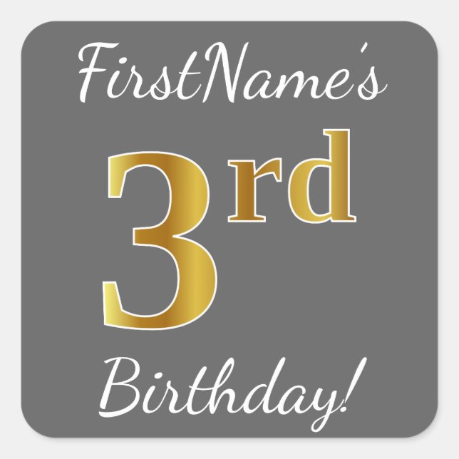 Gray, Faux Gold 3rd Birthday + Custom Name Sticker (Front)