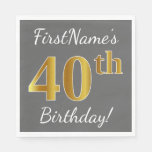 [ Thumbnail: Gray, Faux Gold 40th Birthday + Custom Name Napkins ]