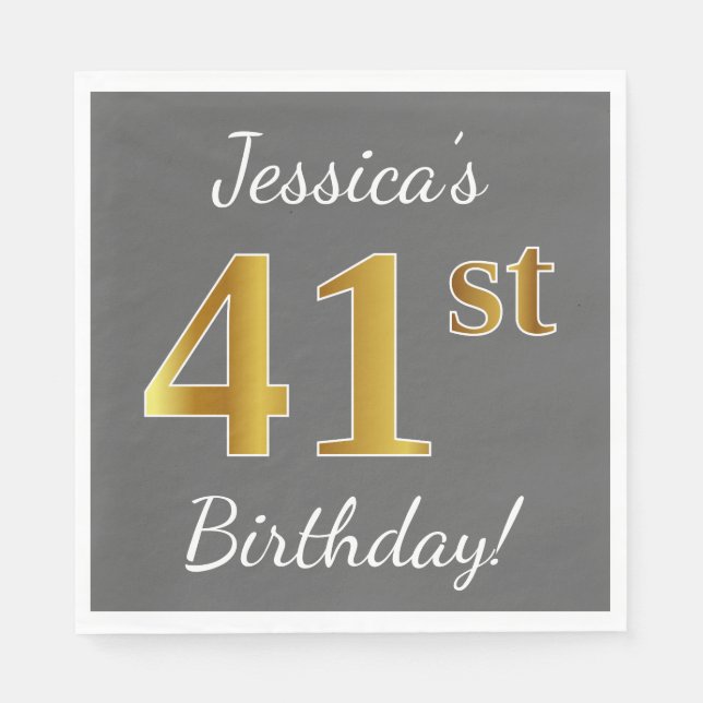 Gray, Faux Gold 41st Birthday + Custom Name Napkins (Front)