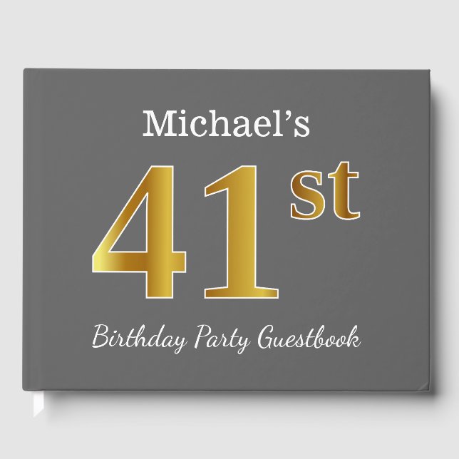 Gray, Faux Gold 41st Birthday Party + Custom Name Guest Book (Front)