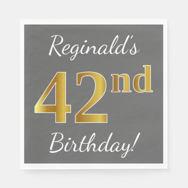 Gray, Faux Gold 42nd Birthday + Custom Name Napkins (Front)
