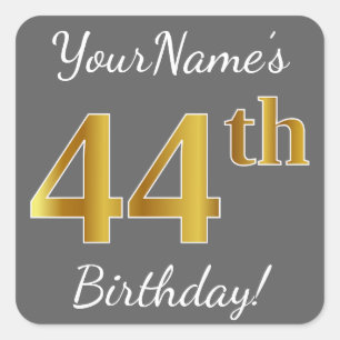 Gray, Faux Gold 44th Birthday + Custom Name Square Sticker