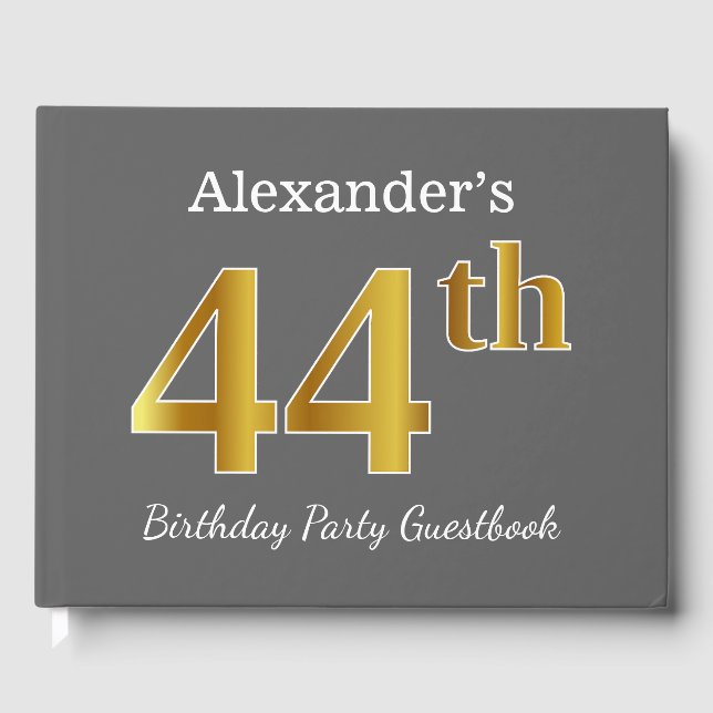 Gray, Faux Gold 44th Birthday Party + Custom Name Guest Book (Front)