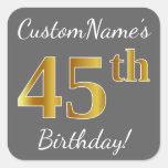 [ Thumbnail: Gray, Faux Gold 45th Birthday + Custom Name Sticker ]