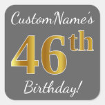 [ Thumbnail: Gray, Faux Gold 46th Birthday + Custom Name Sticker ]