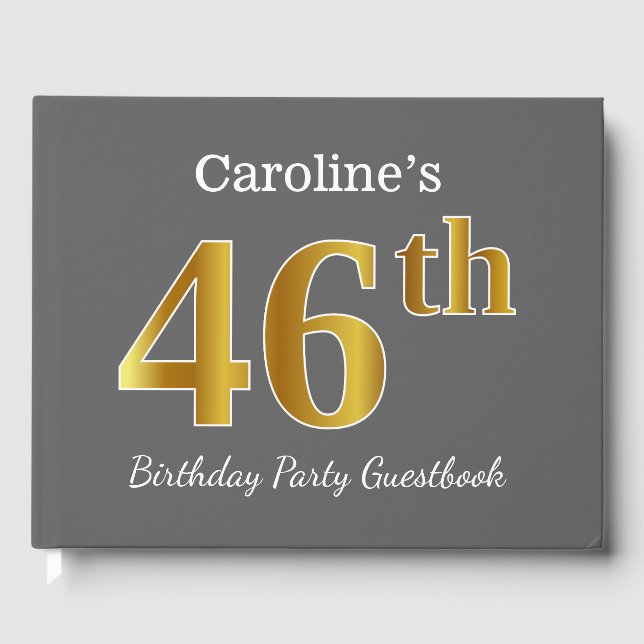 Gray, Faux Gold 46th Birthday Party + Custom Name Guest Book (Front)