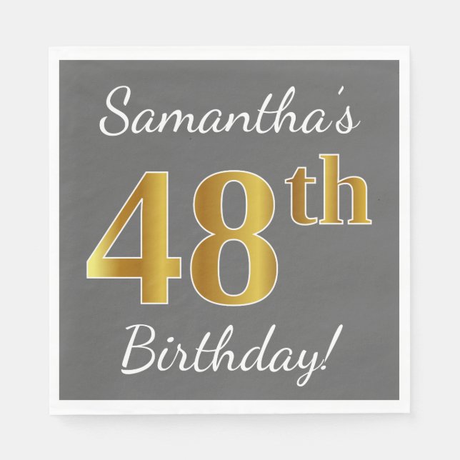 Gray, Faux Gold 48th Birthday + Custom Name Napkins (Front)