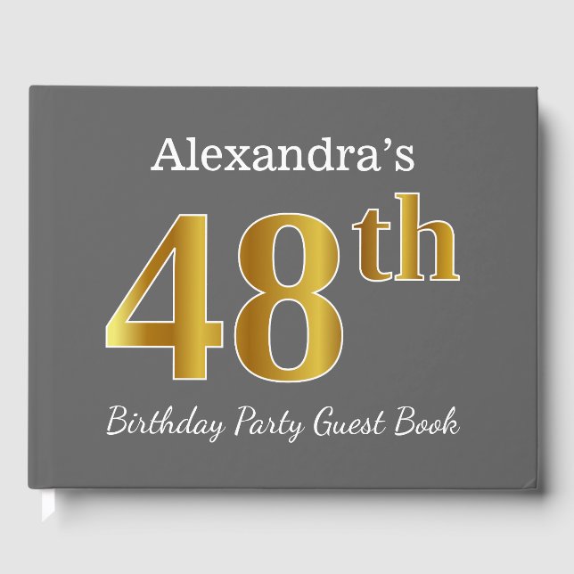 Gray, Faux Gold 48th Birthday Party + Custom Name Guest Book (Front)