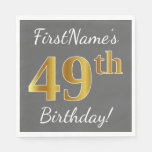 [ Thumbnail: Gray, Faux Gold 49th Birthday + Custom Name Napkins ]