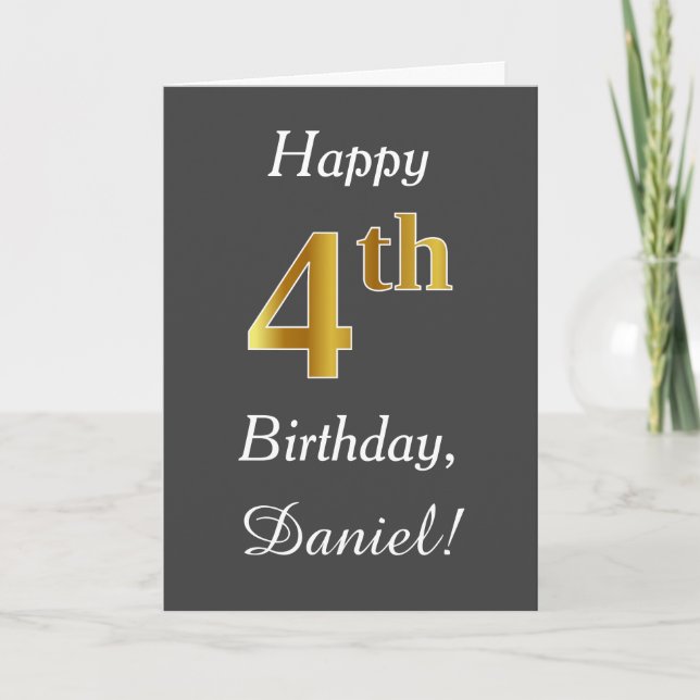 Gray, Faux Gold 4th Birthday + Custom Name Card (Front)