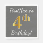 [ Thumbnail: Gray, Faux Gold 4th Birthday + Custom Name Napkins ]