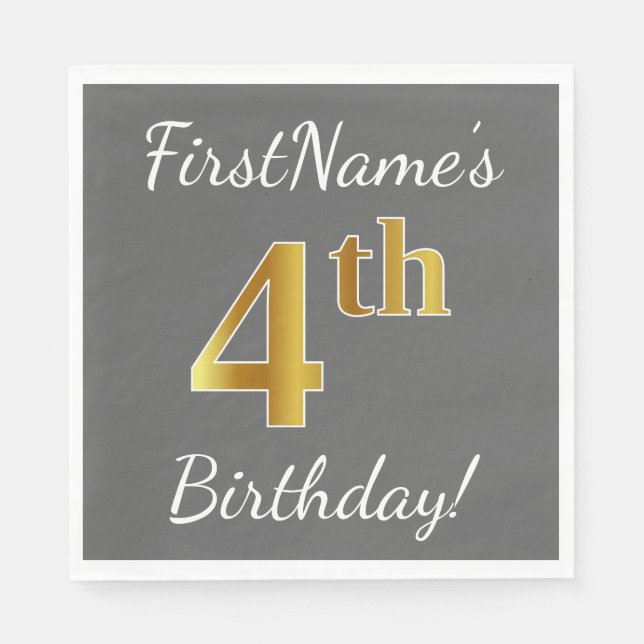 Gray, Faux Gold 4th Birthday + Custom Name Paper Napkins (Front)
