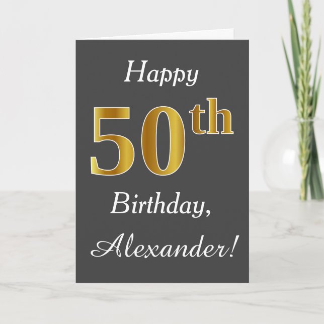 Gray, Faux Gold 50th Birthday + Custom Name Card (Front)
