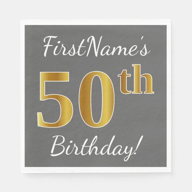 Gray, Faux Gold 50th Birthday + Custom Name Paper Napkins (Front)