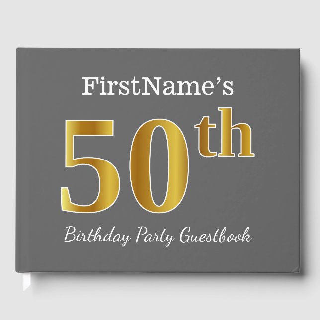 Gray, Faux Gold 50th Birthday Party + Custom Name Guest Book (Front)