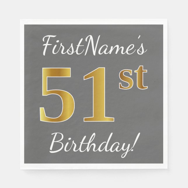 Gray, Faux Gold 51st Birthday + Custom Name Napkins (Front)