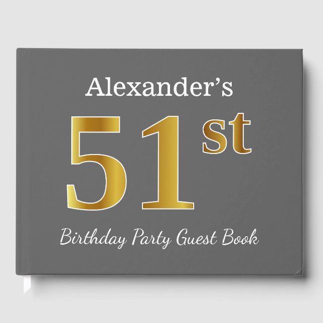 Gray, Faux Gold 51st Birthday Party + Custom Name Guest Book (Front)